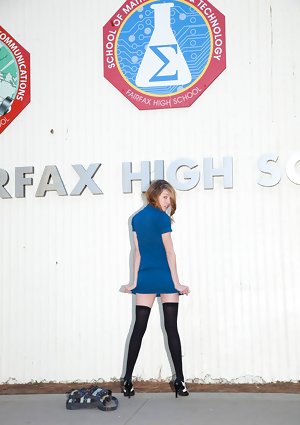 Innocent teen girl Samantha Kaylee flashes her panties outside high school
